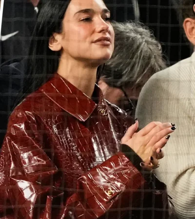 American League Division Series 2026 Yankee Stadium Dua Lipa Crocodile Print Burgundy Leather Coat For Sale