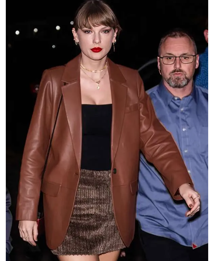 American Singer Taylor Swift Brown Genuine Leather Blazer Left