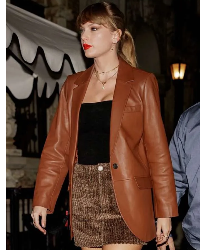American Singer Taylor Swift Brown Genuine Leather Blazer Right