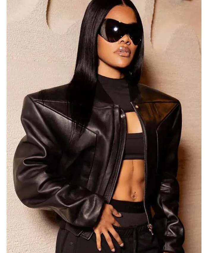 American Singer Teyana Taylor Event Black Leather Bomber Jacket Left