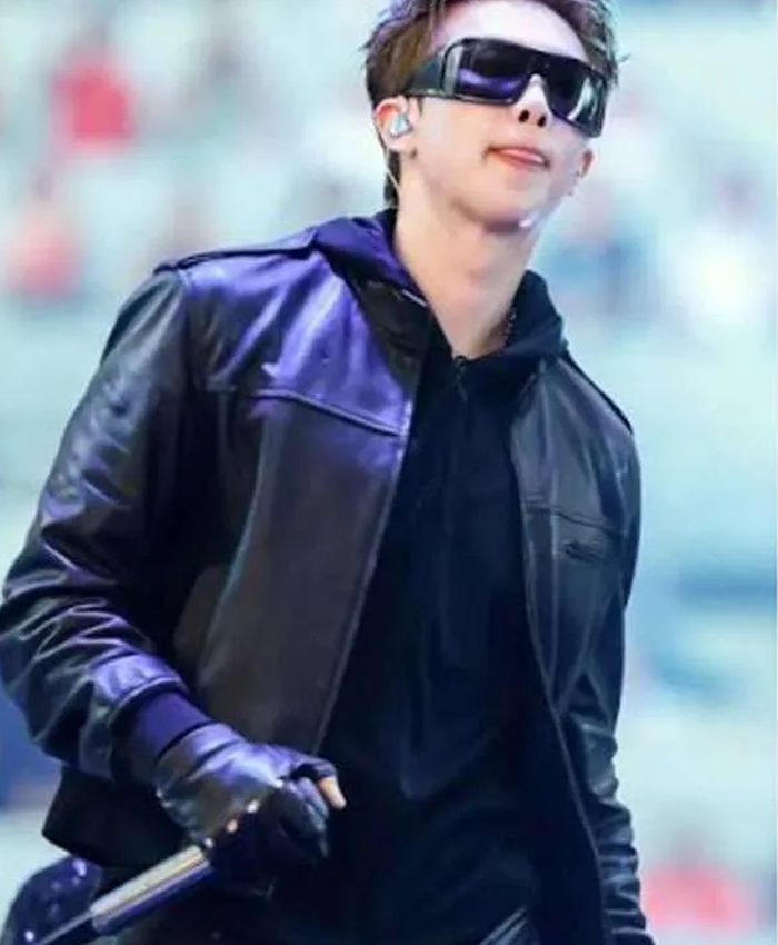 BTS World Tour Arirang Kim Namjoon Black Leather Jacket Front