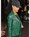 Barbadian Singer Rihanna Green Leather Biker Jacket Right