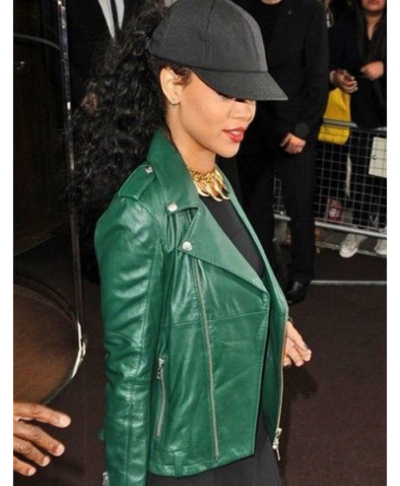 Barbadian Singer Rihanna Green Leather Biker Jacket Right