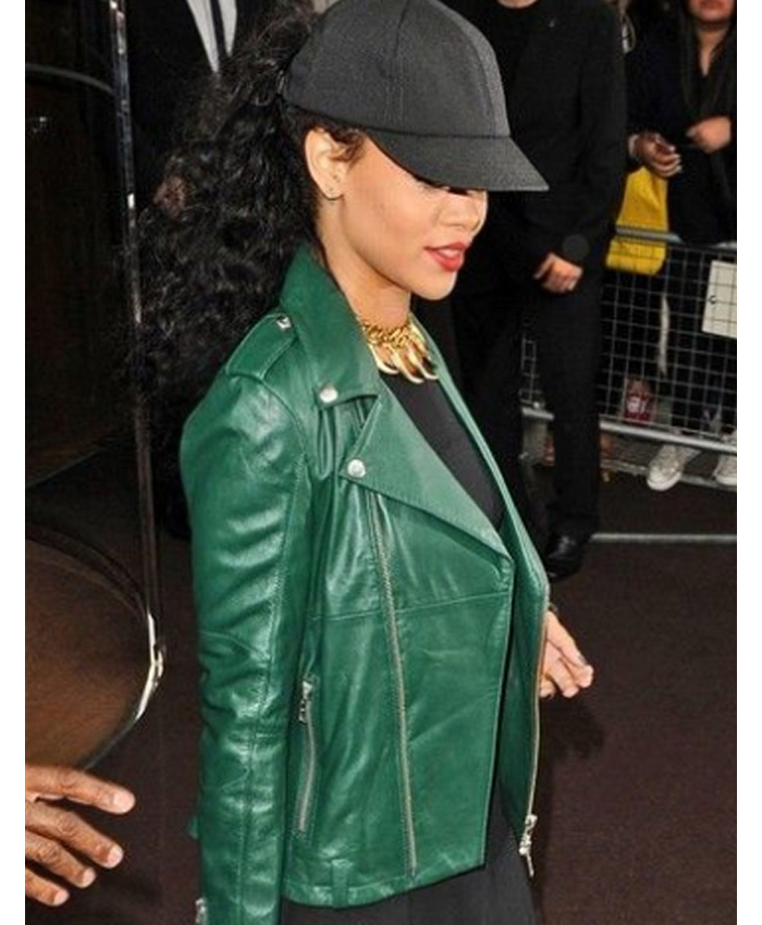Barbadian Singer Rihanna Green Leather Biker Jacket Right