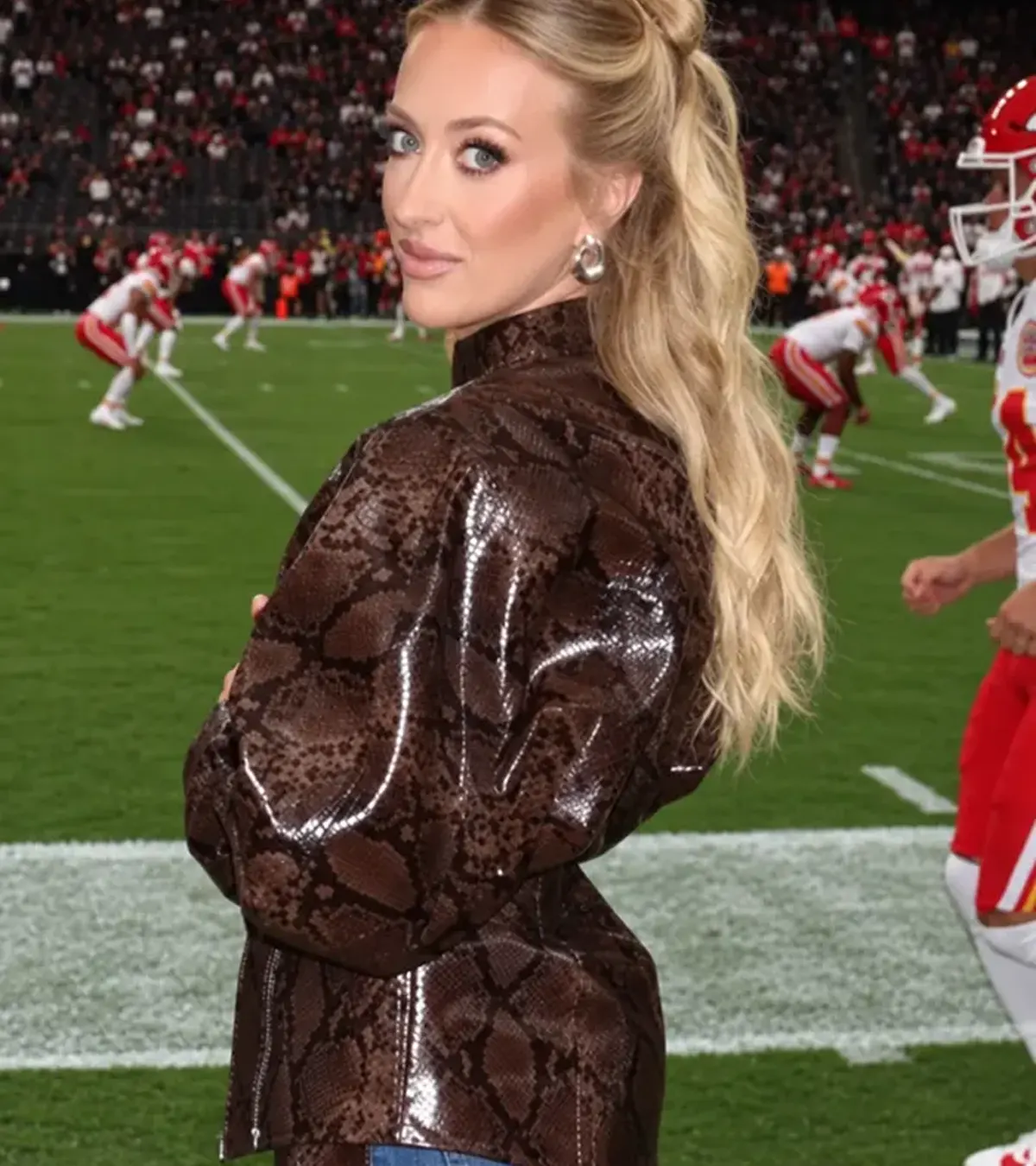 Buy Allegiant Stadium 2026 Brittany Mahomes Brown Leather Jacket