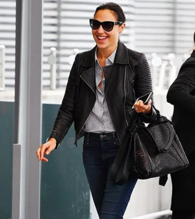 Buy Gal Gadot London 2026 Heathrow Airport Black Biker Leather Jacket