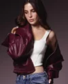 Buy Guess Mexico Fatima Bosch Burgundy Bomber Leather Jacket On Sale