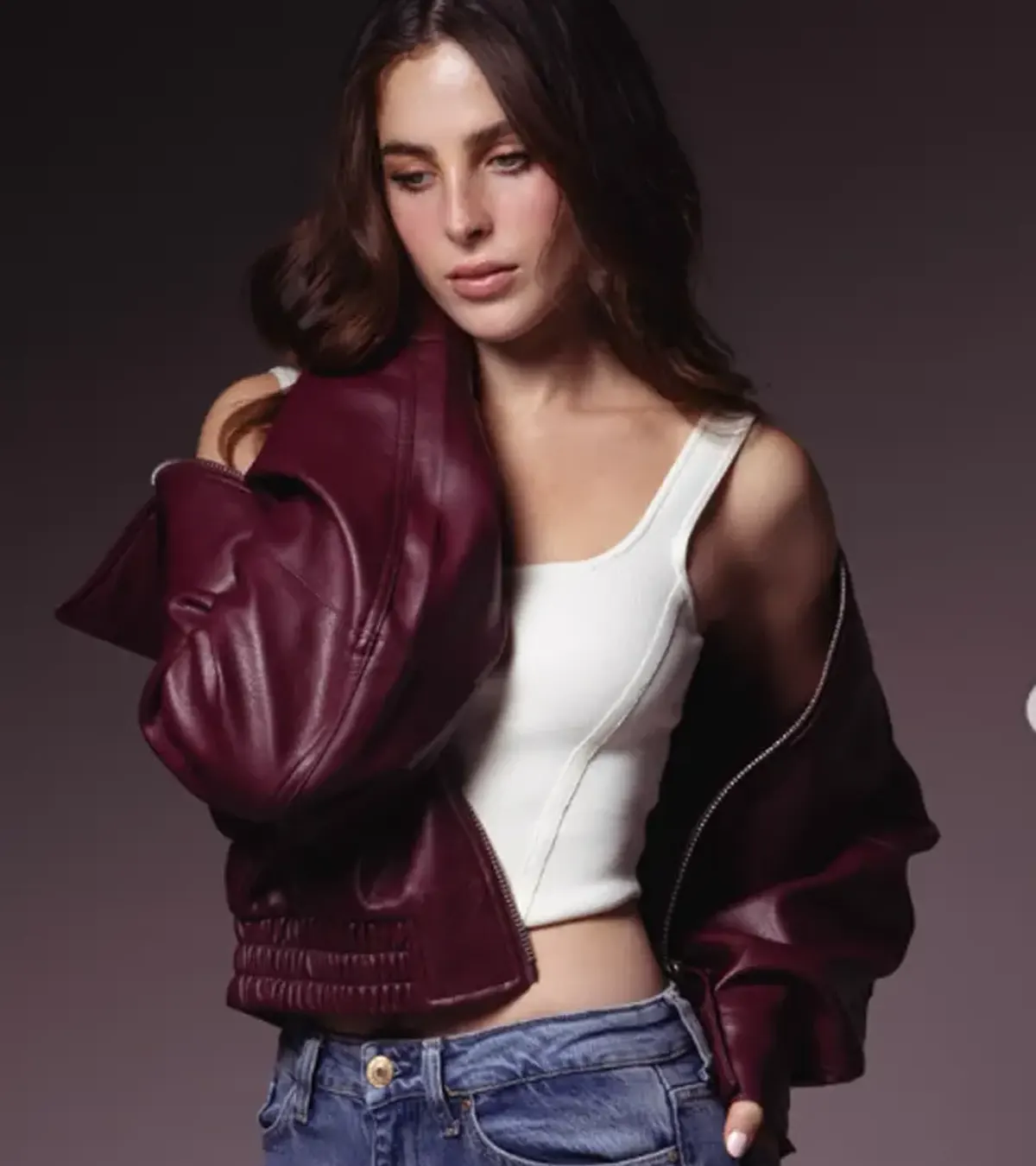 Buy Guess Mexico Fatima Bosch Burgundy Bomber Leather Jacket On Sale