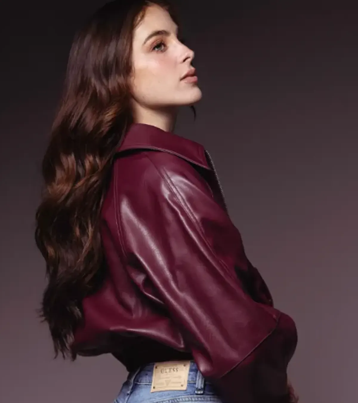 Buy Guess Mexico Fatima Bosch Burgundy Bomber Leather Jacket