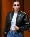 Buy Hailey Bieber Los Angeles 2026 Black Oversized Cropped Leather Bomber Jacket