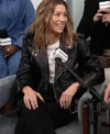 Buy Jessica Biel SiriusXM’s Front Row 2026 Black Cropped Moto Leather Jacket On Sale