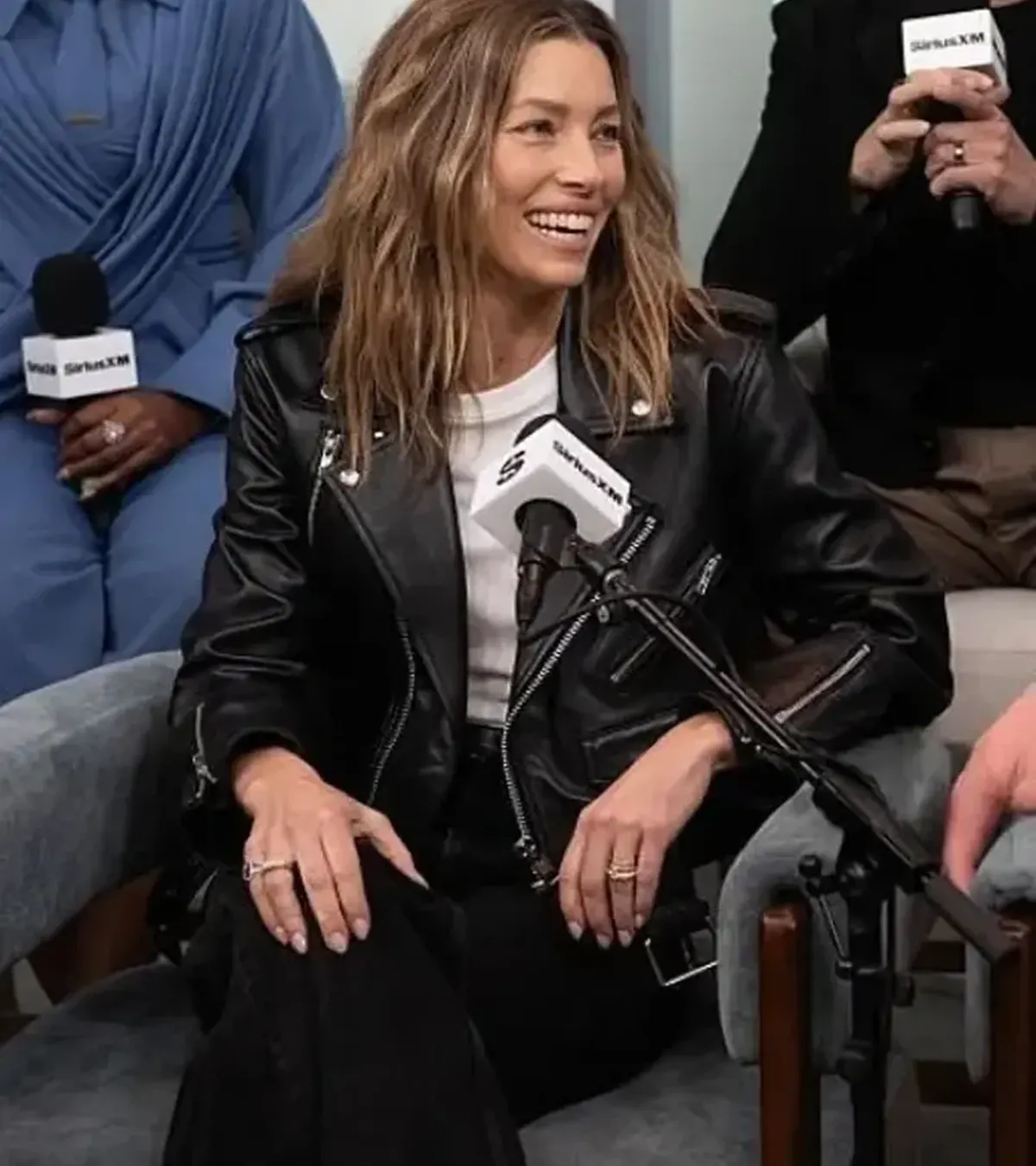 Buy Jessica Biel SiriusXM’s Front Row 2026 Black Cropped Moto Leather Jacket On Sale