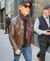 Buy Josh Brolin Good Morning America 2026 Distressed Brown Leather Cafe Racer Jacket On Sale