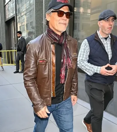 Buy Josh Brolin Good Morning America 2026 Distressed Brown Leather Cafe Racer Jacket On Sale