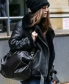 Buy Keira Knightley Asymmetrical Black Shearling Leather Aviator Biker Jacket