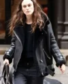 Buy Keira Knightley Asymmetrical Black Shearling Leather Aviator Biker Jacket On Sale