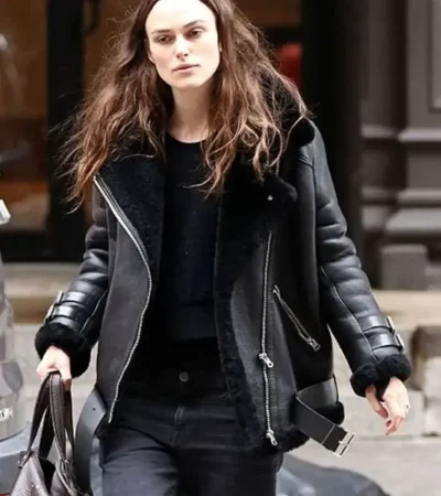 Buy Keira Knightley Asymmetrical Black Shearling Leather Aviator Biker Jacket On Sale