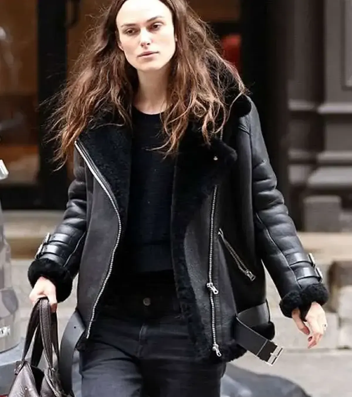 Buy Keira Knightley Asymmetrical Black Shearling Leather Aviator Biker Jacket On Sale