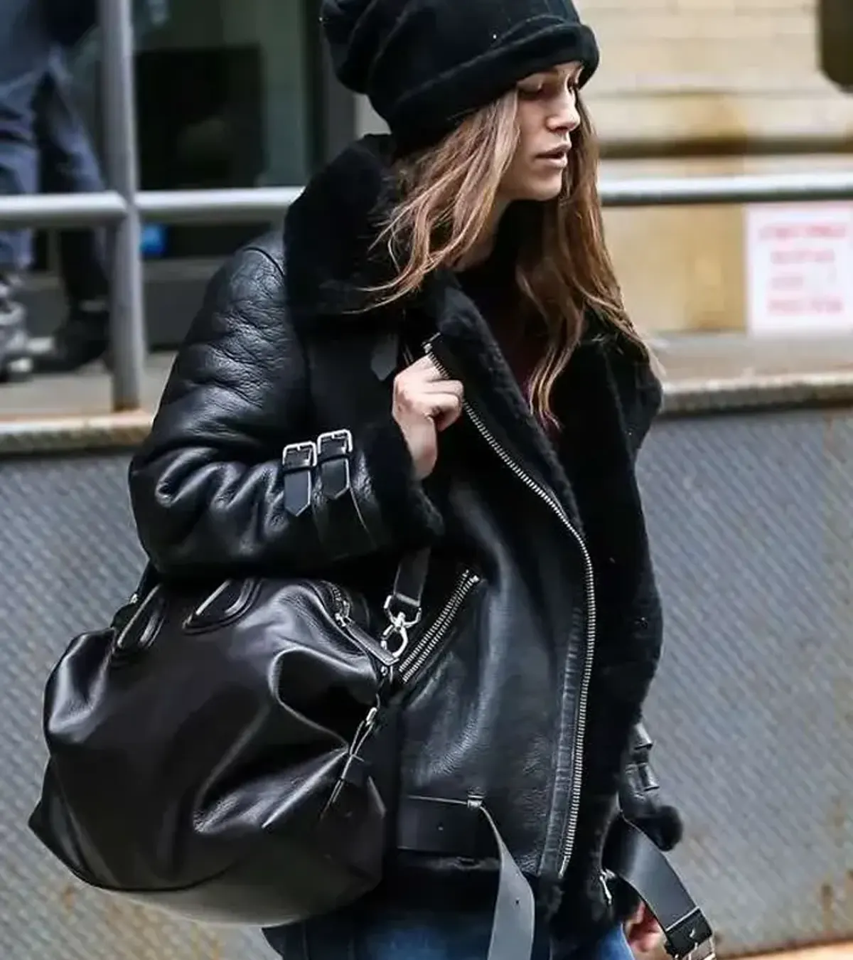 Buy Keira Knightley Asymmetrical Black Shearling Leather Aviator Biker Jacket