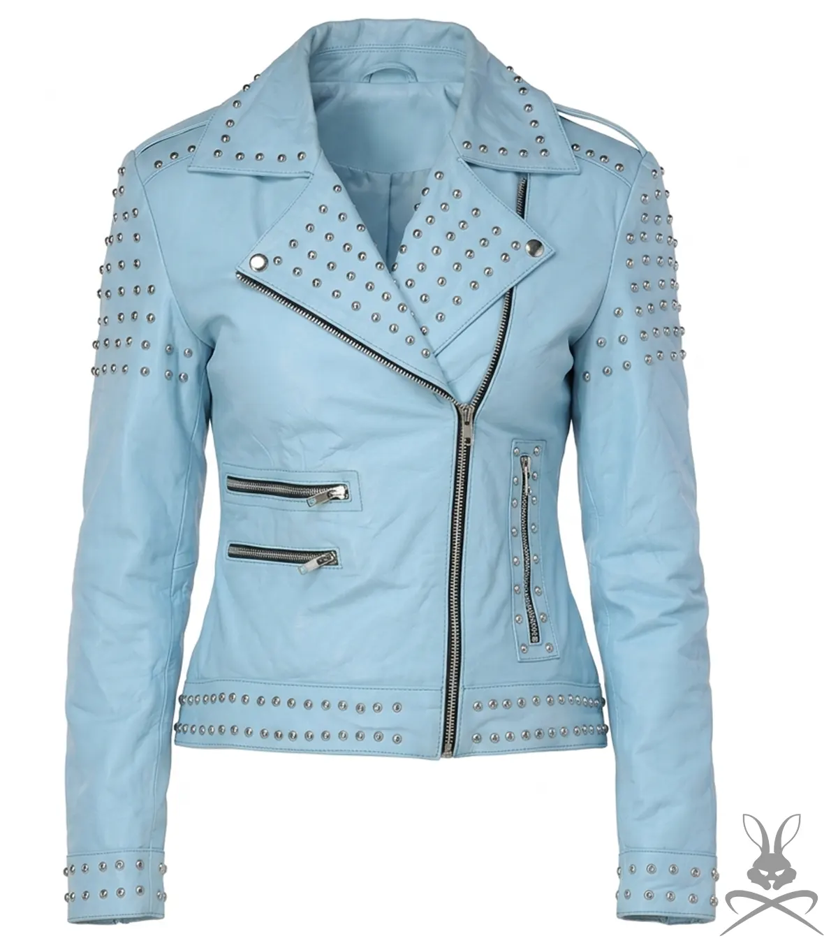 Buy Kristi Sky Blue Studded Real Leather Jacket