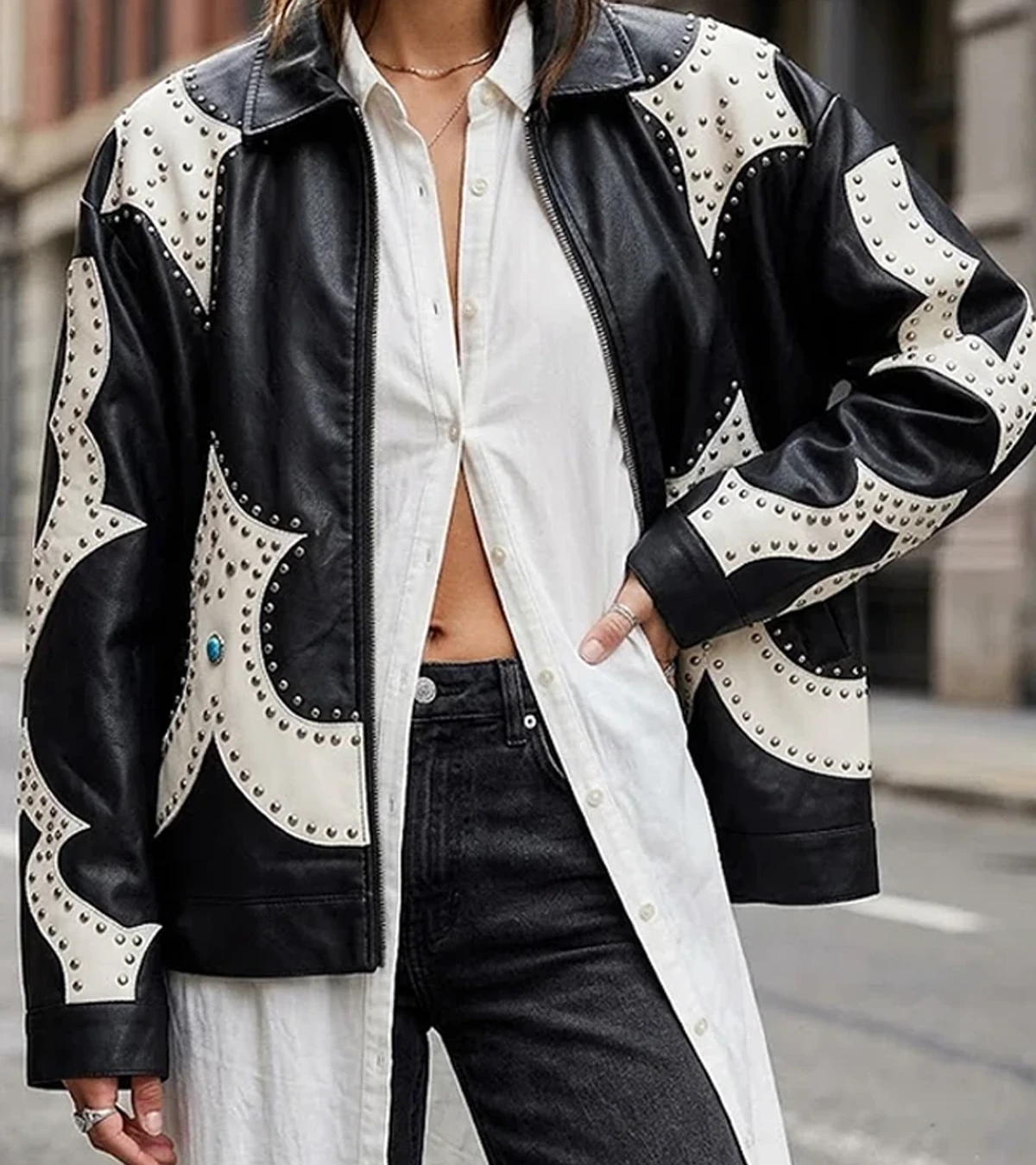 Buy Laya DeLeon Hayes The Equalizer TV Series S05 Delilah Black and White Leather Studded Jacket On Sale