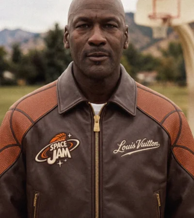 Buy Louis Vuitton x Space Jam Michael Jordan Brown Leather Bomber Jacket On Sale
