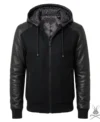 Buy Mens Black Hooded Jacket with Leather Sleeves