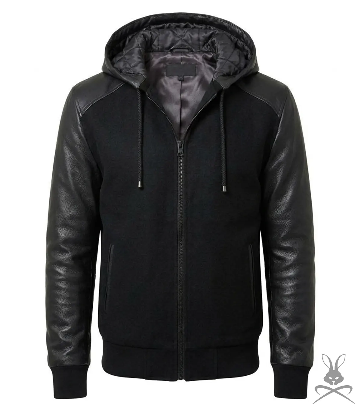Buy Mens Black Hooded Jacket with Leather Sleeves
