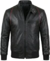 Buy Mens Black Real Leather Bomber Jacket with Red Stripe Design