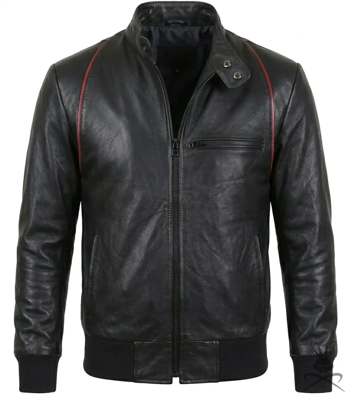 Buy Mens Black Real Leather Bomber Jacket with Red Stripe Design