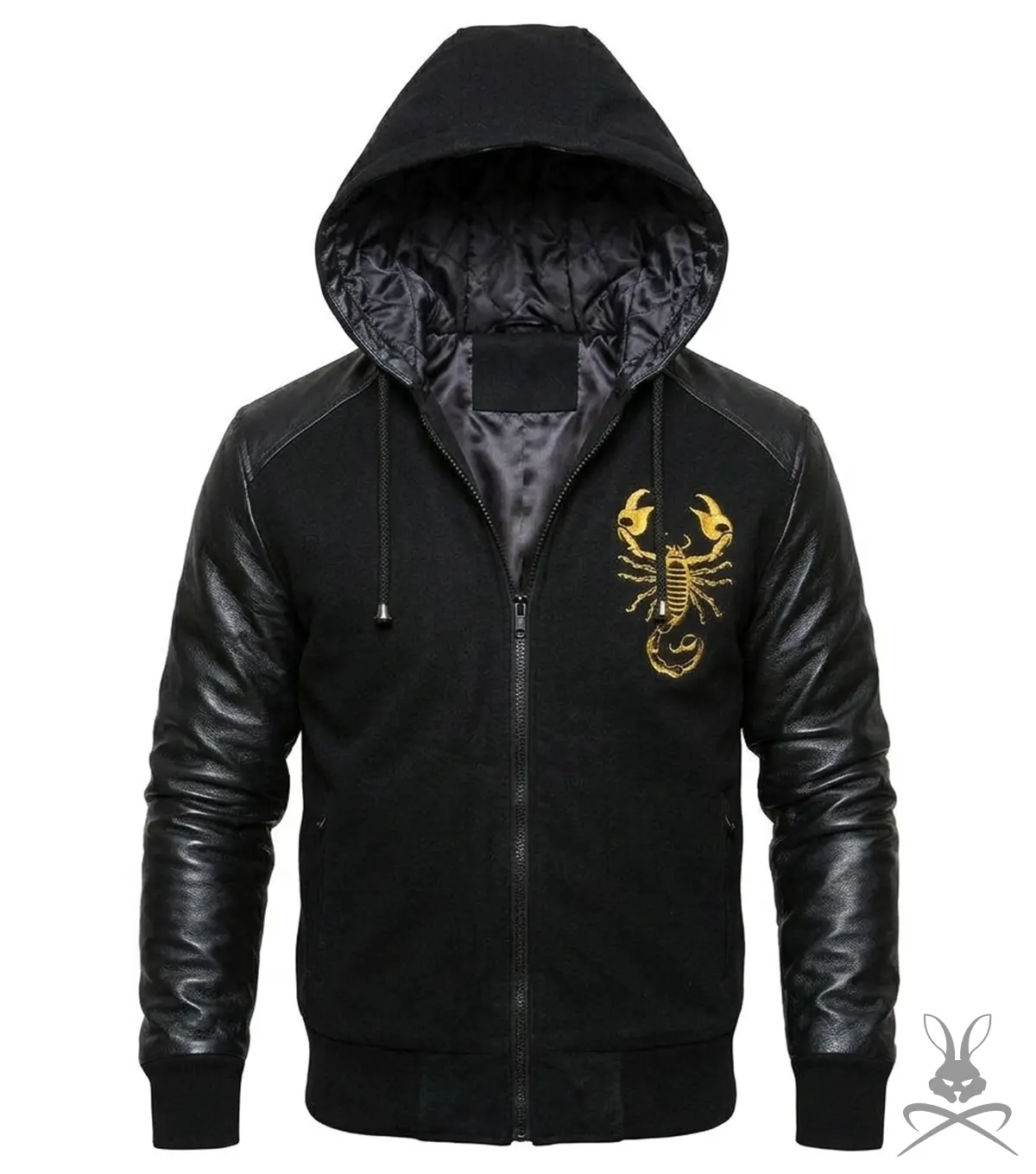 Buy Mens Black Scorpion Hooded Jacket with Genuine Leather Sleeves