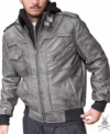Buy Mens Grey Hooded Leather Bomber Jacket