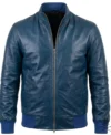 Buy Mens Navy Blue Ribbed Cuff Bomber Flight Leather Jacket