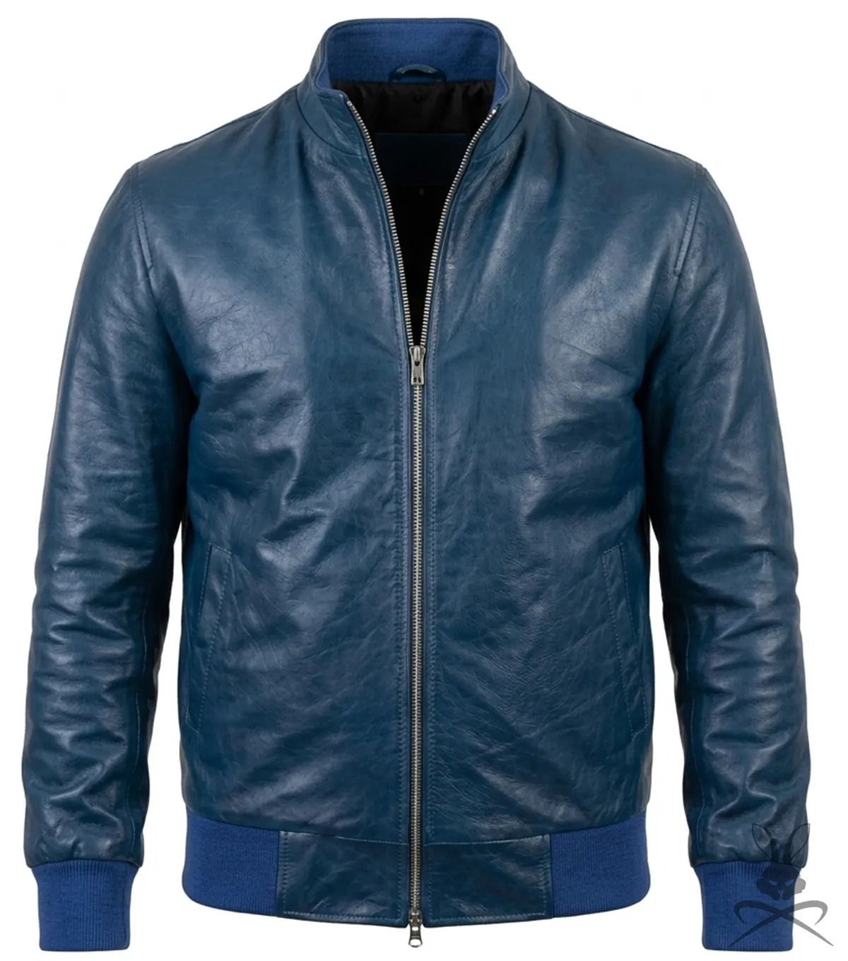 Buy Mens Navy Blue Ribbed Cuff Bomber Flight Leather Jacket