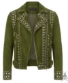 Buy Mens Olive Green Studded Suede Leather Biker Jacket