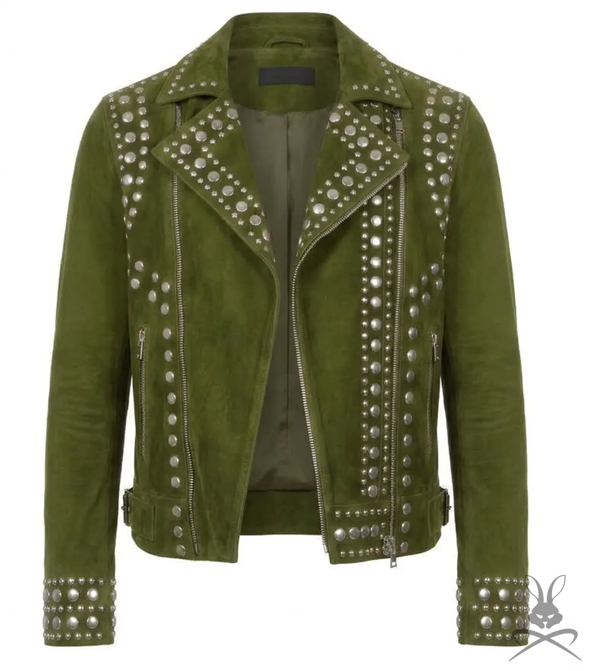 Buy Mens Olive Green Studded Suede Leather Biker Jacket