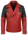 Buy Mens Red Real Leather Biker Jacket with Black Diamond Quilted Shoulders