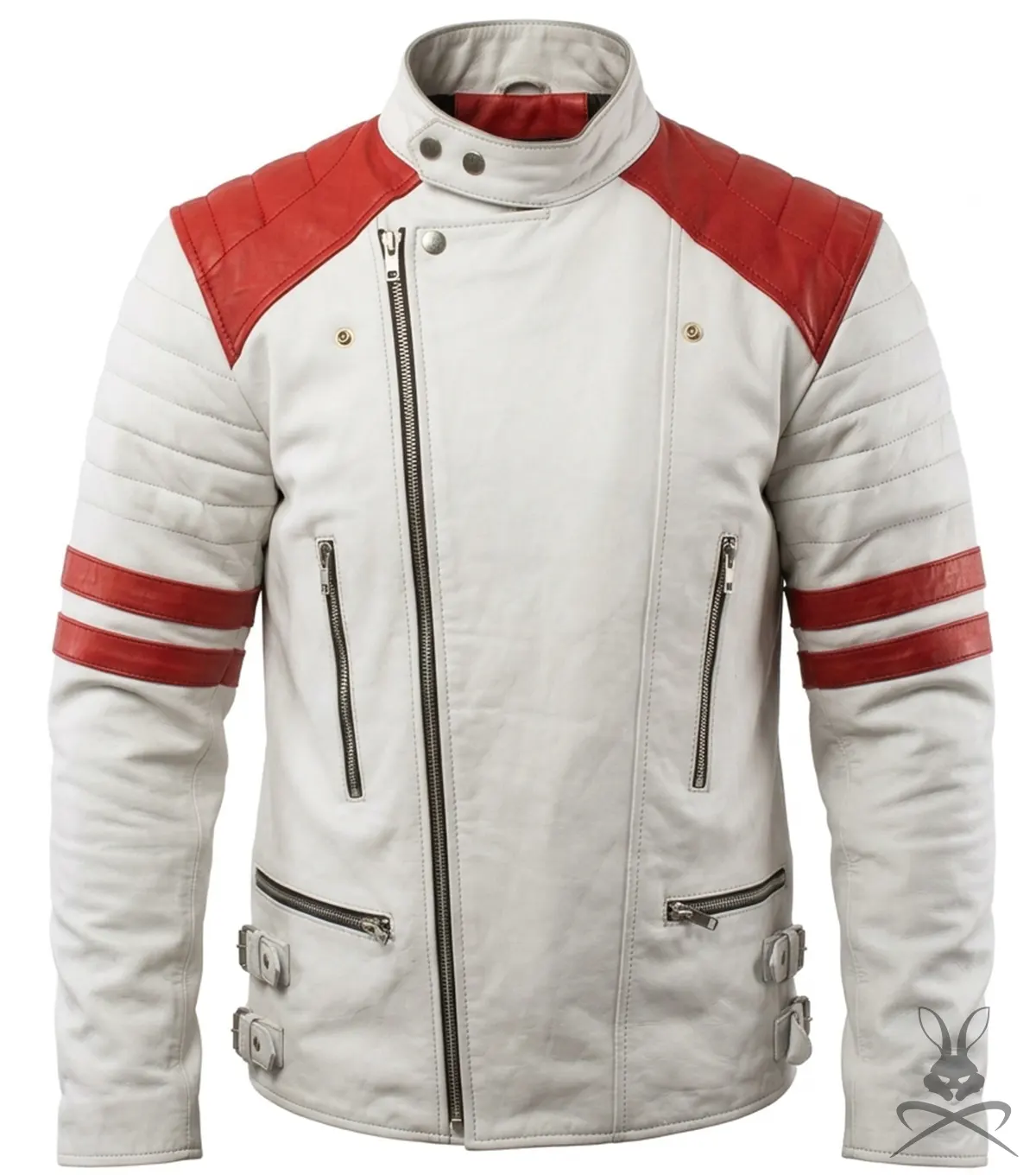 Buy Mens White Real Leather Biker Jacket with Red Patches