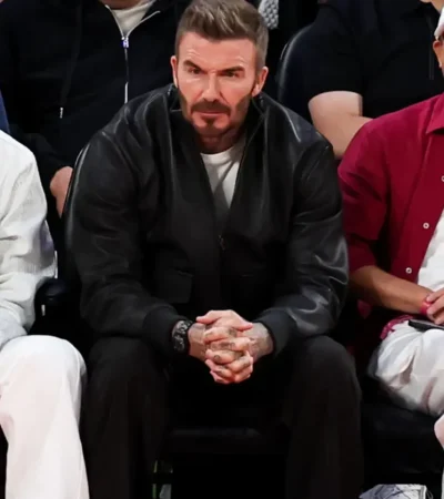 Buy NBA China games 2026 David Beckham Black Bomber Leather Jacket On Sale