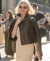 Buy Naomi Watts Paris Fashion Week 2026 Black Cropped Leather Flight Jacket On Sale