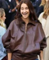 Buy Shailene Woodley Paris Fashion Week 2026 Brown Leather Jacket On Sale