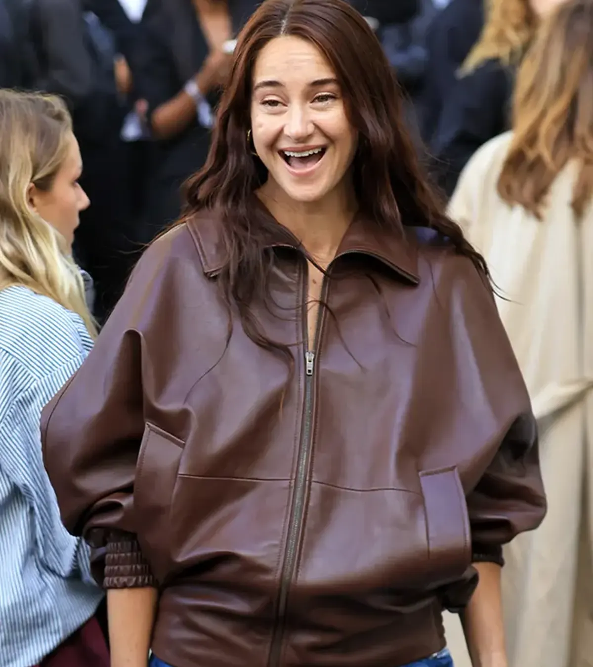 Buy Shailene Woodley Paris Fashion Week 2026 Brown Leather Jacket On Sale