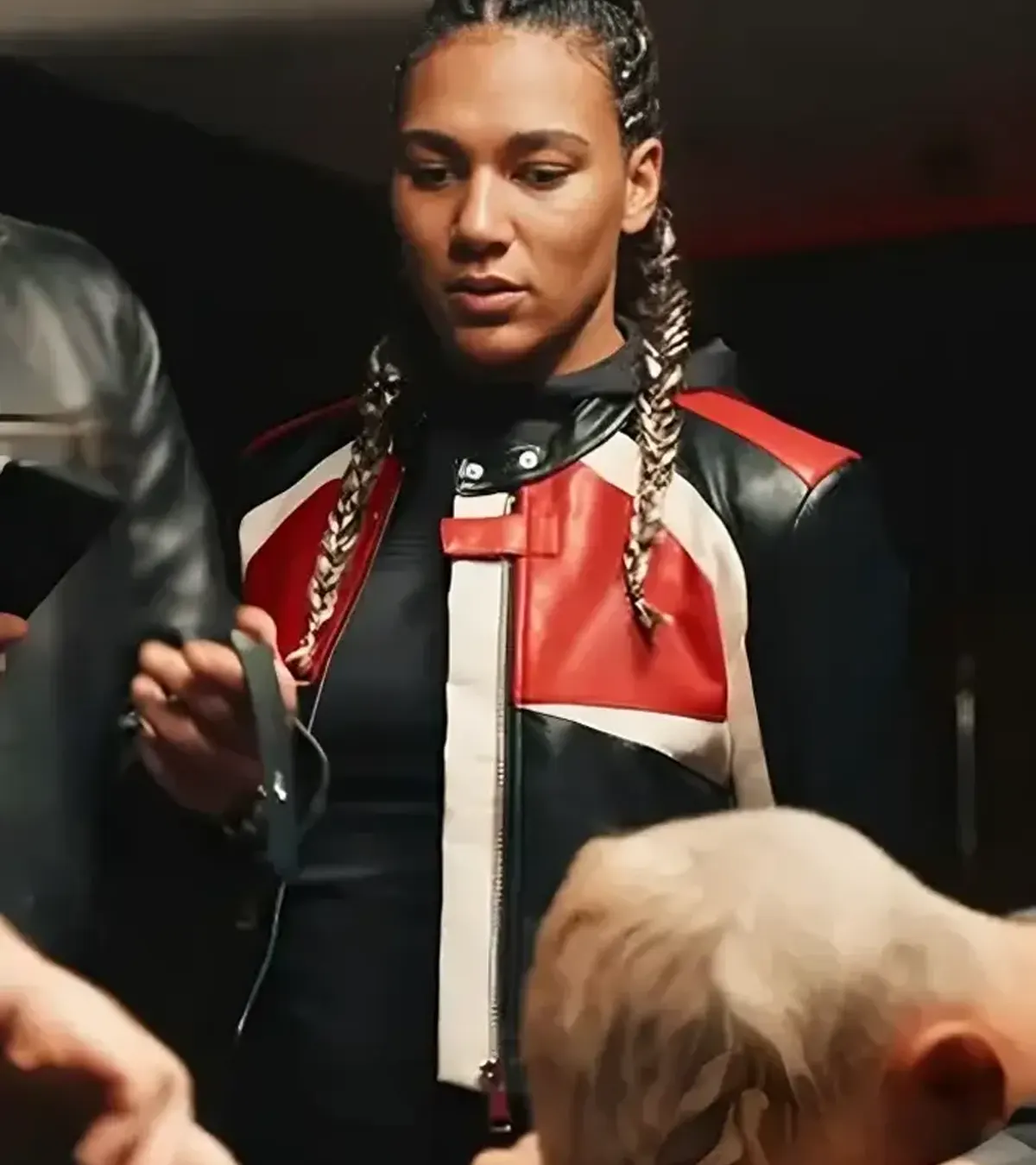 Buy Sixty Minutes Marie Mouroum Red and Black Leather Jacket On Sale
