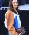Buy Sophie Turner Paris Fashion Week 2026 Brown White and Blue Cropped Leather Bomber Jacket On Sale