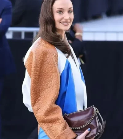 Buy Sophie Turner Paris Fashion Week 2026 Brown White and Blue Cropped Leather Bomber Jacket On Sale