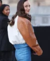 Buy Sophie Turner Paris Fashion Week 2026 Brown White and Blue Leather Bomber Jacket