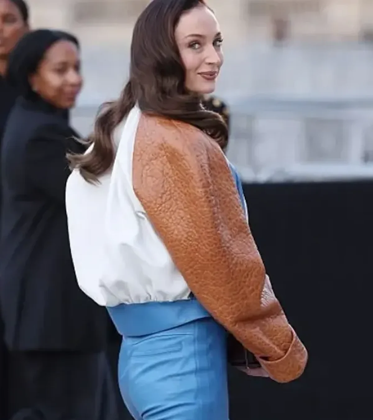 Buy Sophie Turner Paris Fashion Week 2026 Brown White and Blue Leather Bomber Jacket