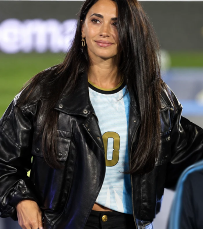 Buy Team Argentina 2026 Antonela Roccuzzo Black Leather Jacket On Sale