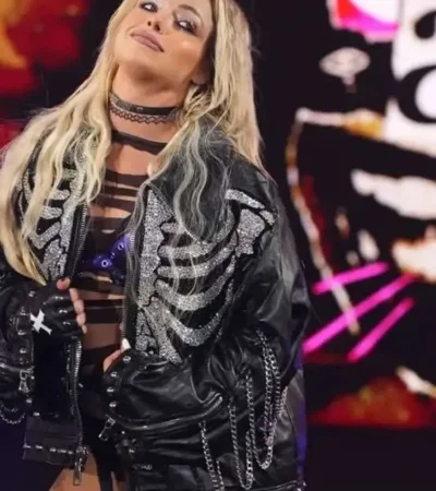 Buy WWE Money In The Bank Liv Morgan Black Leather Skelton Jacket On Sale