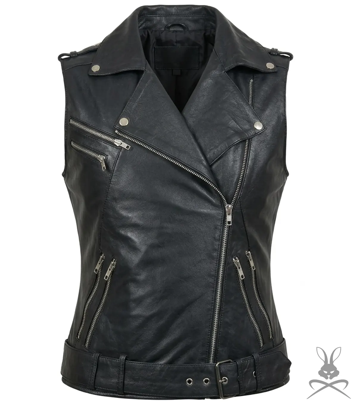 Buy Womens Black Belted Motorcycle Leather Vest with Silver Zippers